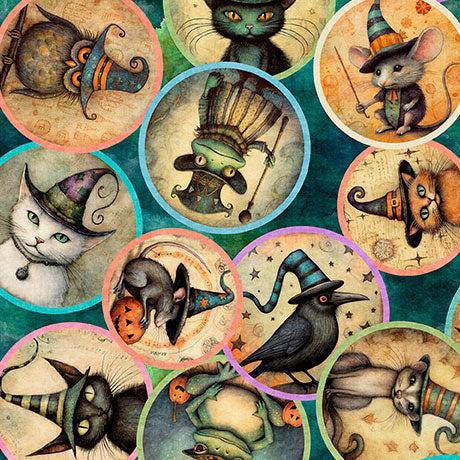 Teal Animal Witches Medallions Witchypoo Cotton 44"/45" Fabric Per Yard