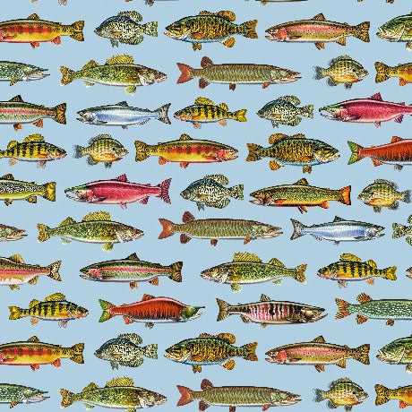 The Lure Of Fishing Fish Set Blue 44"/45" Cotton Fabric Per Yard