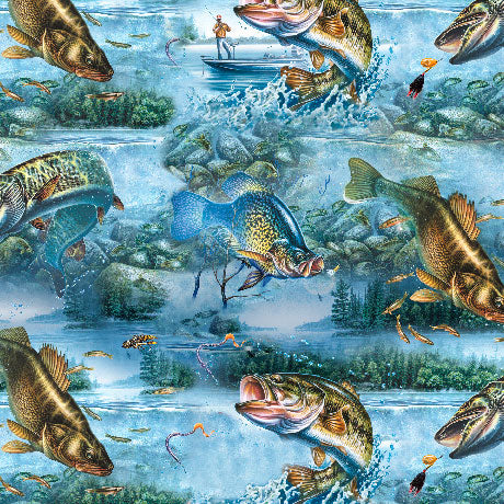 The Lure Of Fishing Fish & Lake Scenic Blue 44"/45" Cotton Fabric Per Yard