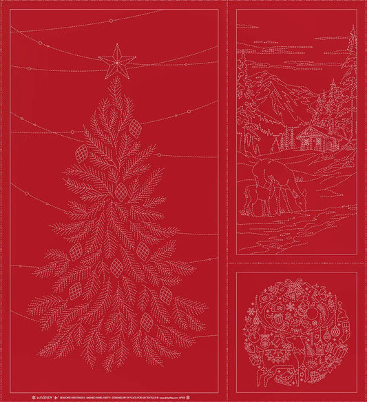 Wagara Sashiko Panel Season's Greeting Part 2 Red