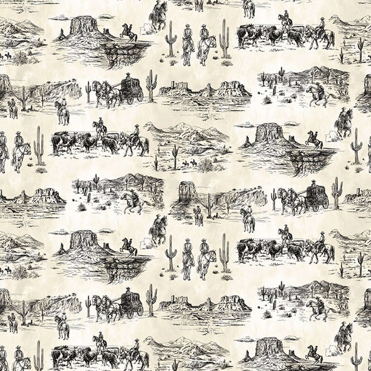 White & Cream Southwest Minis Toile 44/45" Cotton Fabric Per Yard