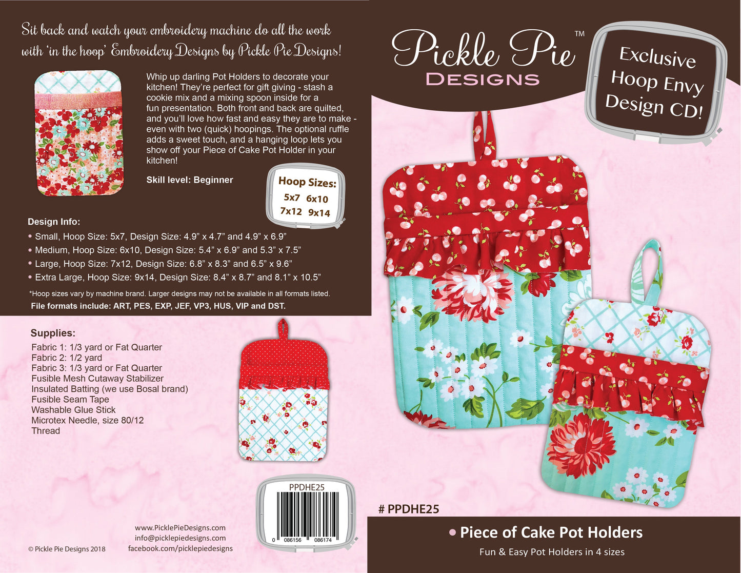Piece of Cake Pot Holders In the Hoop Embroidery Design Collection